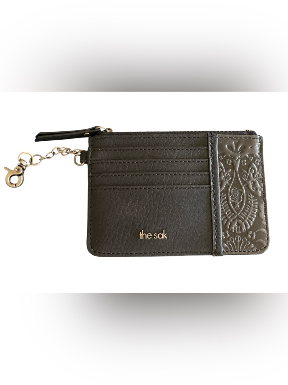 The Sak Iris Card Wallet Keychain Black Leather Floral Embossed Pockets Sleek